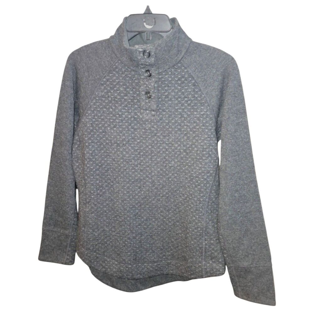 Prana SM Frozen Falls Button Collar Gray Outdoor Pullover Rounded Hem Sweatshirt